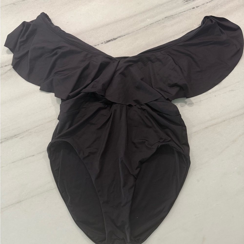 Trina Turk Black Ruffled Off-Shoulder One Piece Swimsuit | Size 12